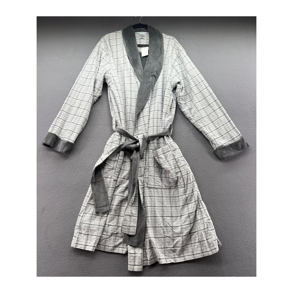 The Company Store Robe Mens S/M Plaid Robe Gray White Cotton Fleece Lined NWT